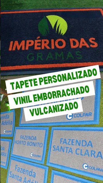 Tapete de vinil vulcanizado com a logomarca Império das Gramas e tapetes com nomes de fazendas recortados no próprio vinil